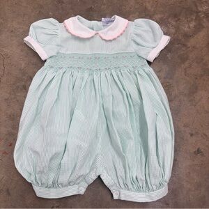 Vtg Carriage Boutiques Smocked Seersucker Bubble Romper 6M Baby Girl Friedknit
